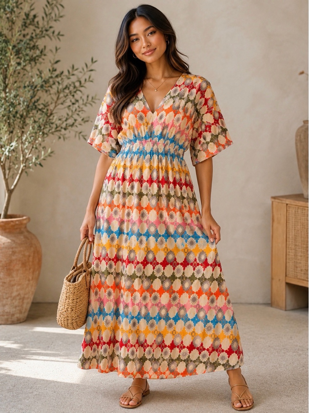 Multicolor Diamond-Print V-Neck Maxi Dress